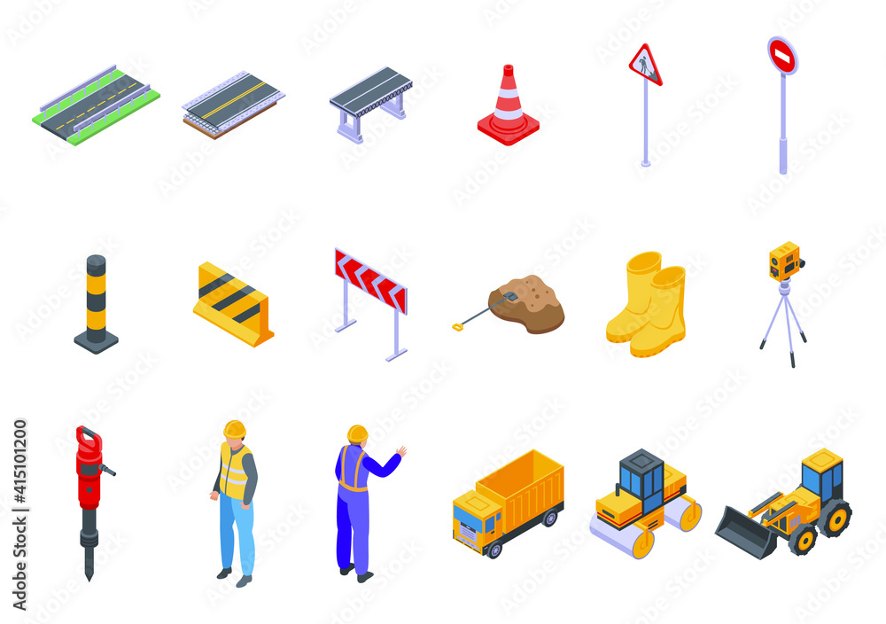 Poster highway construction icons set. isometric set of highway construction vector icons for web design is