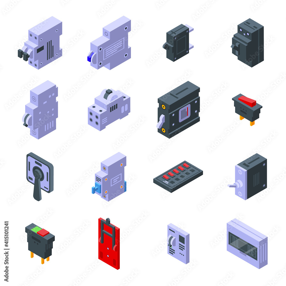 Poster breaker switch icons set. isometric set of breaker switch vector icons for web design isolated on wh