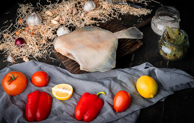 Raw headless flounder with lemons and vegetables.