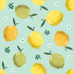 Summer seamless pattern with lemons and blossom. Sweet tropical background for textile, fabric, decorative paper. Vector