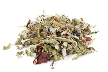 Heap of herb and flower tea isolated on white - obrazy, fototapety, plakaty
