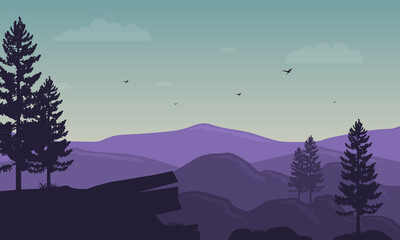 Stunning panoramic views of the mountains and cypress trees in the morning. Vector illustration