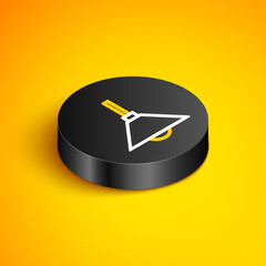 Isometric line Lamp hanging icon isolated on yellow background. Ceiling lamp light bulb. Black circle button. Vector.