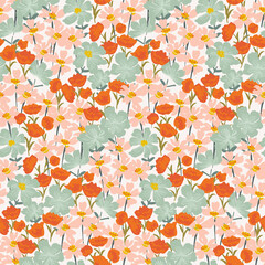 Garden of beautiful hand-drawn flowers in pink, orange and mint on white background. Floral seamless vector pattern. Great for home décor, fabric, wallpaper, gift-wrap, stationery, and design projects