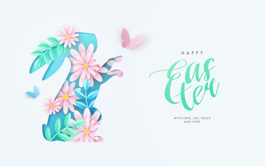 Happy Easter greeting card, website banner, poster, flyer or holiday cover. Trendy modern design in paper cut style with cute bunny, spring flowers and leaves in pastel colors, typography and wishes