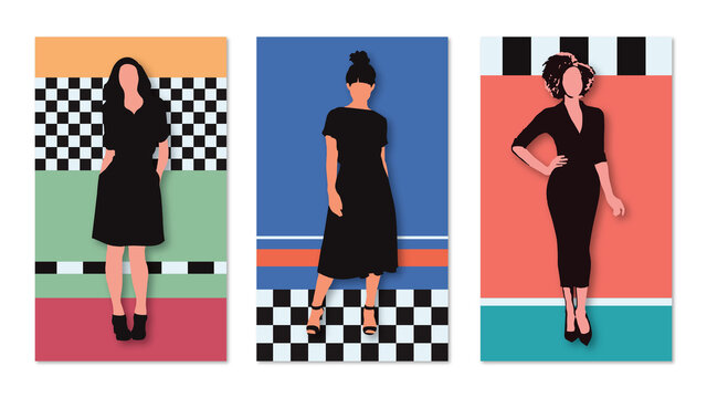 Young women silhouette vector set, colorful pop art design background, lady figure fashion illustration set