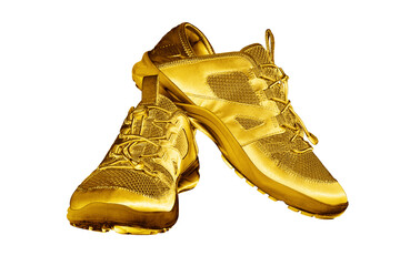 Golden sneakers white background isolated closeup, gold metal sport shoes, luxury running gumshoes, fashion yellow metallic fitness boots, athletic, football footwear, winner, victory, champion symbol