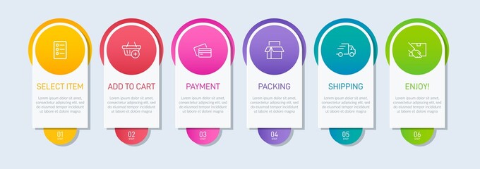 Concept of shopping process with 6 successive steps. Six colorful graphic elements. Timeline design for brochure, presentation, web site. Infographic design layout.