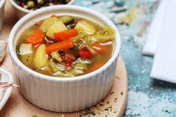 Portion of vegetable soup. Homemade dinner.