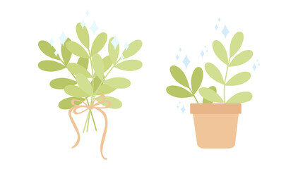 Branches of green plants, ribbon bow, potted flower, sparkles. Isolate on a white background. Vector, pastel colors, scalable to any size. For stickers, notebooks, albums, covers, any graphic design
