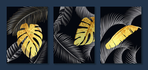 Luxury gold wallpaper.  Black and golden background. Tropical leaves wall art design with dark blue and green color, shiny golden light texture. Modern art mural wallpaper. Vector illustration. © TWINS DESIGN STUDIO