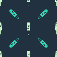 Green and beige Ice cream on stick icon isolated seamless pattern on blue background. Sweet symbol. Vector.