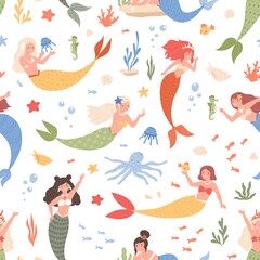 Colorful seamless pattern with fairy mermaids and cute underwater sea creatures. Endless repeatable fairytale texture for children. Colored flat vector illustration on white background