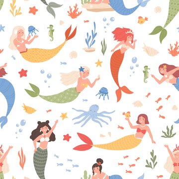 Colorful seamless pattern with fairy mermaids and cute underwater sea creatures. Endless repeatable fairytale texture for children. Colored flat vector illustration on white background