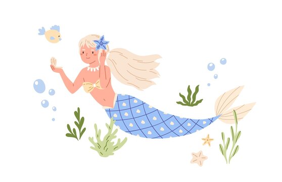 Pretty mermaid with long blonde hair and blue fish tail swimming at sea bed and looking in seashell mirror. Cute underwater fairy princess. Color flat vector illustration isolated on white background