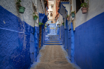 Street of the blue painted city Chefchaouen in Morocco.