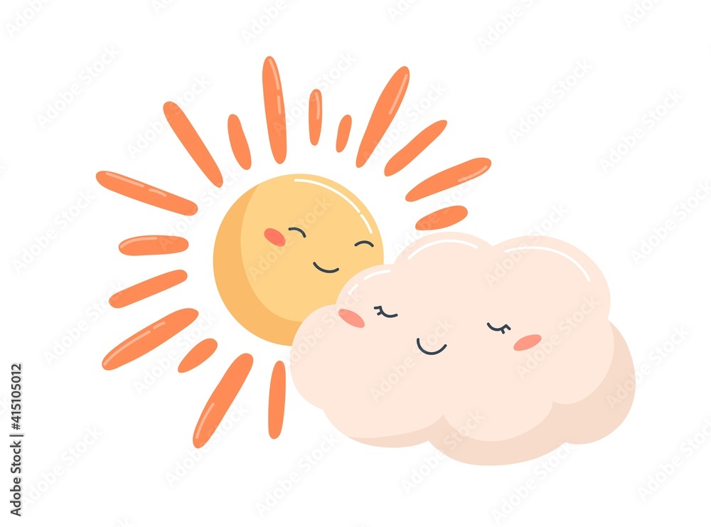 Poster cute glowing sun and smiling cloud characters with happy face expressions. partly sunny weather icon