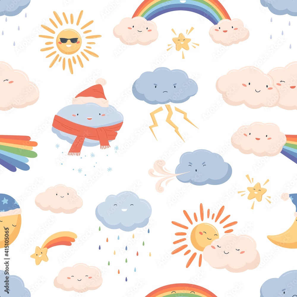 Poster seamless weather pattern with cute smiling faces of sun, rainbow, moon, snowing and raining clouds. 