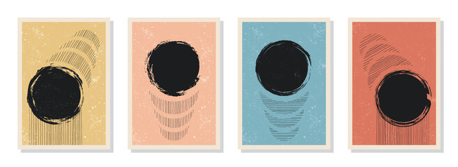 Satz von A4 abstrakten zeitgenössischen minimalistischen künstlerischen handgemalten Kunstkompositionen. Wanddekoration aus der Mitte des Jahrhunderts. Ästhetische Aquarellillustrationen. CMYK. Monochrome Plakate. © Olena