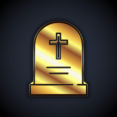 Gold Tombstone with cross icon isolated on black background. Grave icon. Happy Halloween party. Vector.
