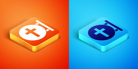 Isometric Christian cross icon isolated on orange and blue background. Church cross. Vector.