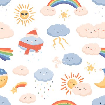 Seamless weather pattern with cute smiling faces of sun, rainbow, moon, snowing and raining clouds. Funny kids characters on endless background. Colorful vector illustration in flat cartoon style