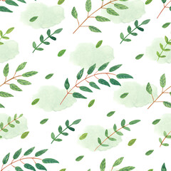 Spring seamless pattern with tree branches with leaves and green watercolor spots . Great for fabrics, wrapping papers, wall papers, covers. Hand painted illustration on white background.