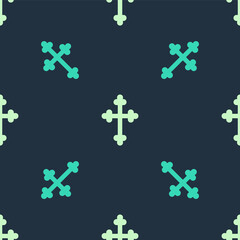 Obraz premium Green and beige Christian cross icon isolated seamless pattern on blue background. Church cross. Vector.