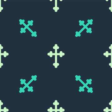 Green and beige Christian cross icon isolated seamless pattern on blue background. Church cross. Vector.