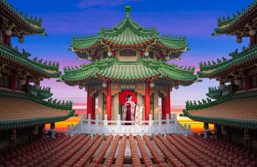 Fototapeta premium Asian women wearing national clothes Visit Sanfeng Temple in Kaohsiung,Taiwan