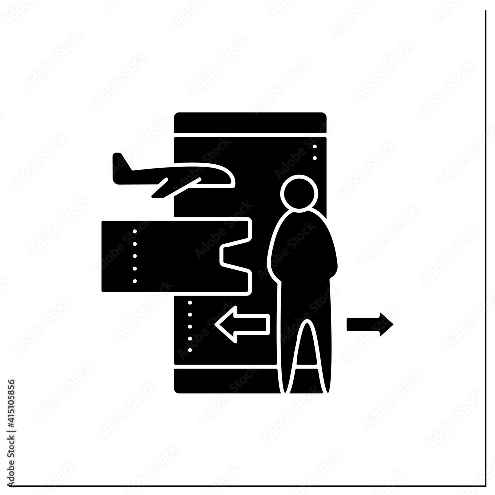 Poster contactless ticket glyph icon. forced distance in queue due to pandemic. limit queuing spaces. onlin
