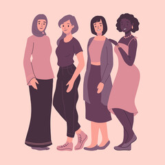 International Women's Day banner, poster, card. Diverse women standing together for feminism, freedom, independence, empowerment, women rights, equality. Women's friendship, sisterhood, activism