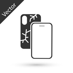 Grey Smartphone with broken screen icon isolated on white background. Shattered phone screen icon. Vector.