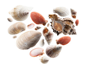 Beautiful seashells in the shape of a heart on a white background
