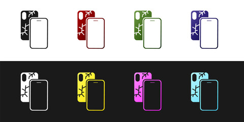 Set Smartphone with broken screen icon isolated on black and white background. Shattered phone screen icon. Vector.