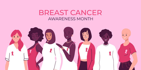 Breast cancer awareness month banner, poster template. Disease prevention, solidarity or charity campaign flyer. Group of diverse ethnic nationalities women together. Pink ribbon. Friendship, support
