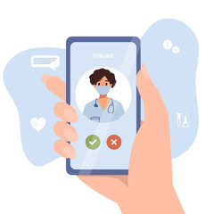 Smartphone screen with female therapist. Video call in messenger, online consultation. Vector flat banner template. Ask doctor. Online medical advise, chat service, telemedicine, cardiology, pharmacy