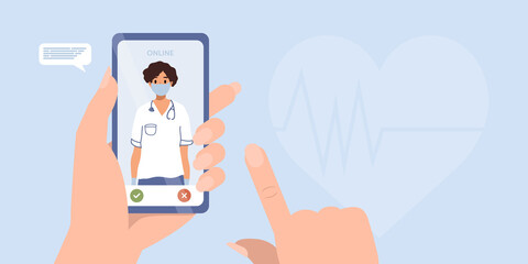 Smartphone screen with female therapist. Video call in messenger, online consultation. Vector flat banner template. Ask doctor. Online medical advise, chat service, telemedicine, cardiology, pharmacy