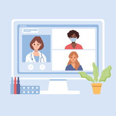 Browser window, computer screen with female therapist, hospital staff team. Video call in messenger, online consultation. Banner template. Ask doctor. Medical advise, chat service, telemedicine