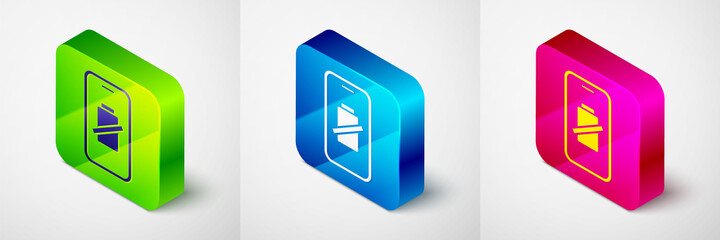 Isometric Smartphone battery charge icon isolated on grey background. Phone with a low battery charge. Square button. Vector.