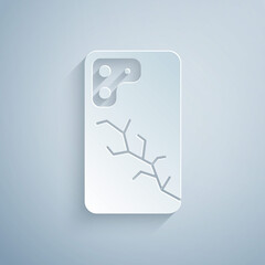 Paper cut Smartphone with broken screen icon isolated on grey background. Shattered phone screen icon. Paper art style. Vector.