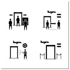 Airport new normal glyph icons set. Consists of distance between checkpoints and on excavator, passenger processing etc. Safe rules concept.Filled flat sign. Isolated silhouette vector illustration