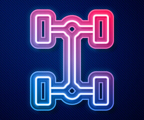 Glowing neon line Chassis car icon isolated on blue background. Vector.