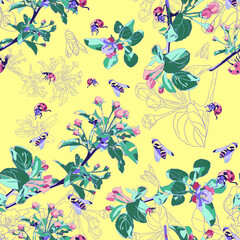 Fototapeta premium Spring seamless pattern with flowering branches of apple tree, bees and ladybirds. Flowers on a yellow background. Floral background.