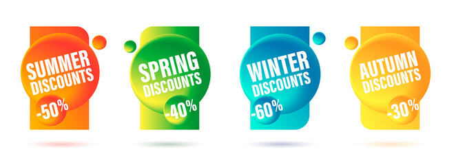 Set of promo labels or advertising tags for each seasonal discounts, full year of promotion, bright 3d circles on rectangular frame