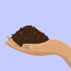 Soil in female hand for your design. Back view. Vector illustration.