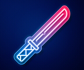 Glowing neon line Traditional Japanese katana icon isolated on blue background. Japanese sword. Vector.