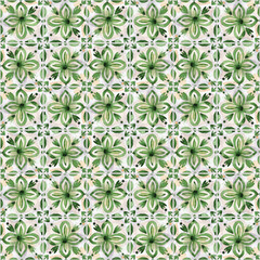 Seamless watercolor pattern in moroccan stile. Square vintage tile. Hand draw green and white watercolor ornament.Geometric background - imitation of arabesque ceramic tiles.