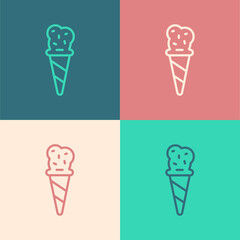Pop art line Ice cream in waffle cone icon isolated on color background. Sweet symbol. Vector.
