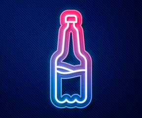 Glowing neon line Plastic beer bottle icon isolated on blue background. Vector.
